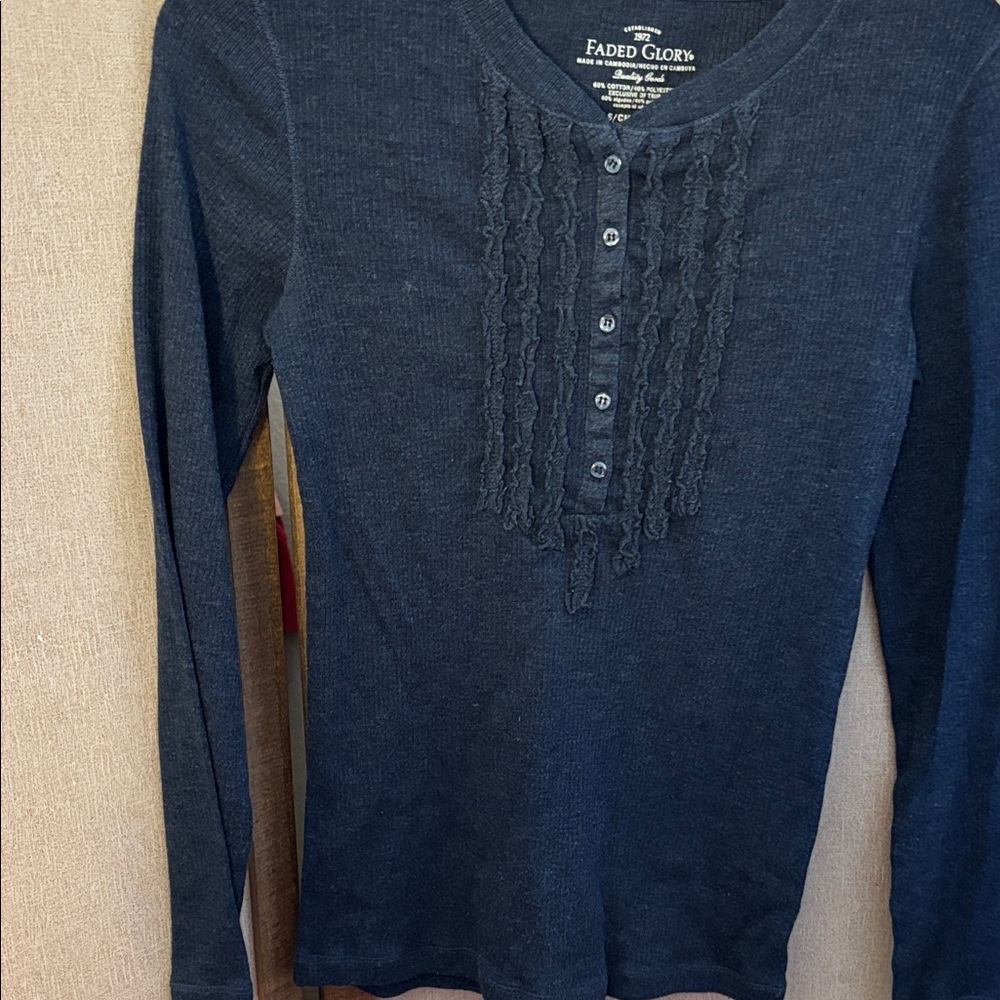 Faded Glory Dark Blue Buttoned Long Sleeve Shirt ruffled front small